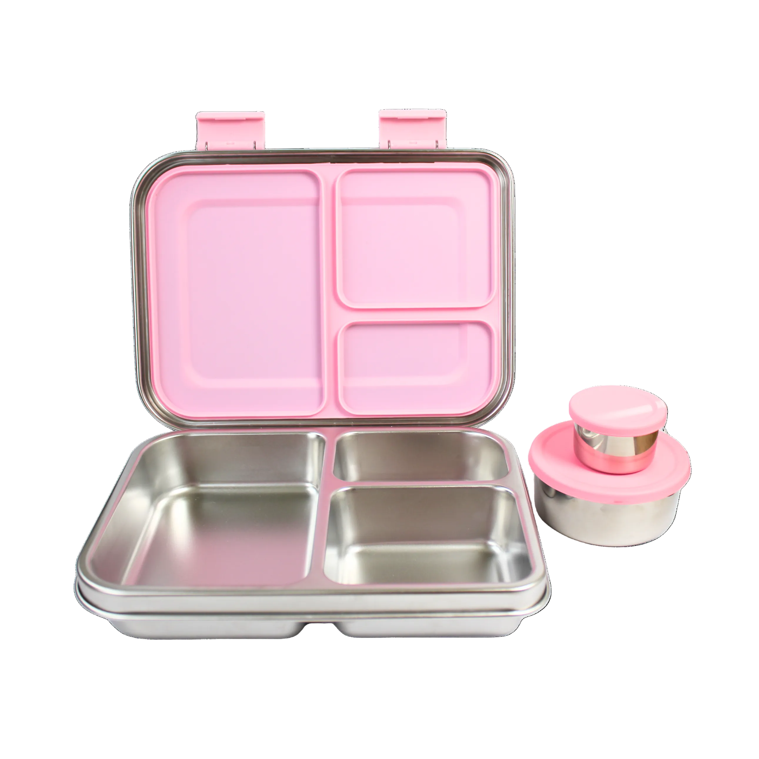 Pink and silver bento box with compartments on a white background