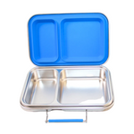 Blue and silver bento lunch container on a white background