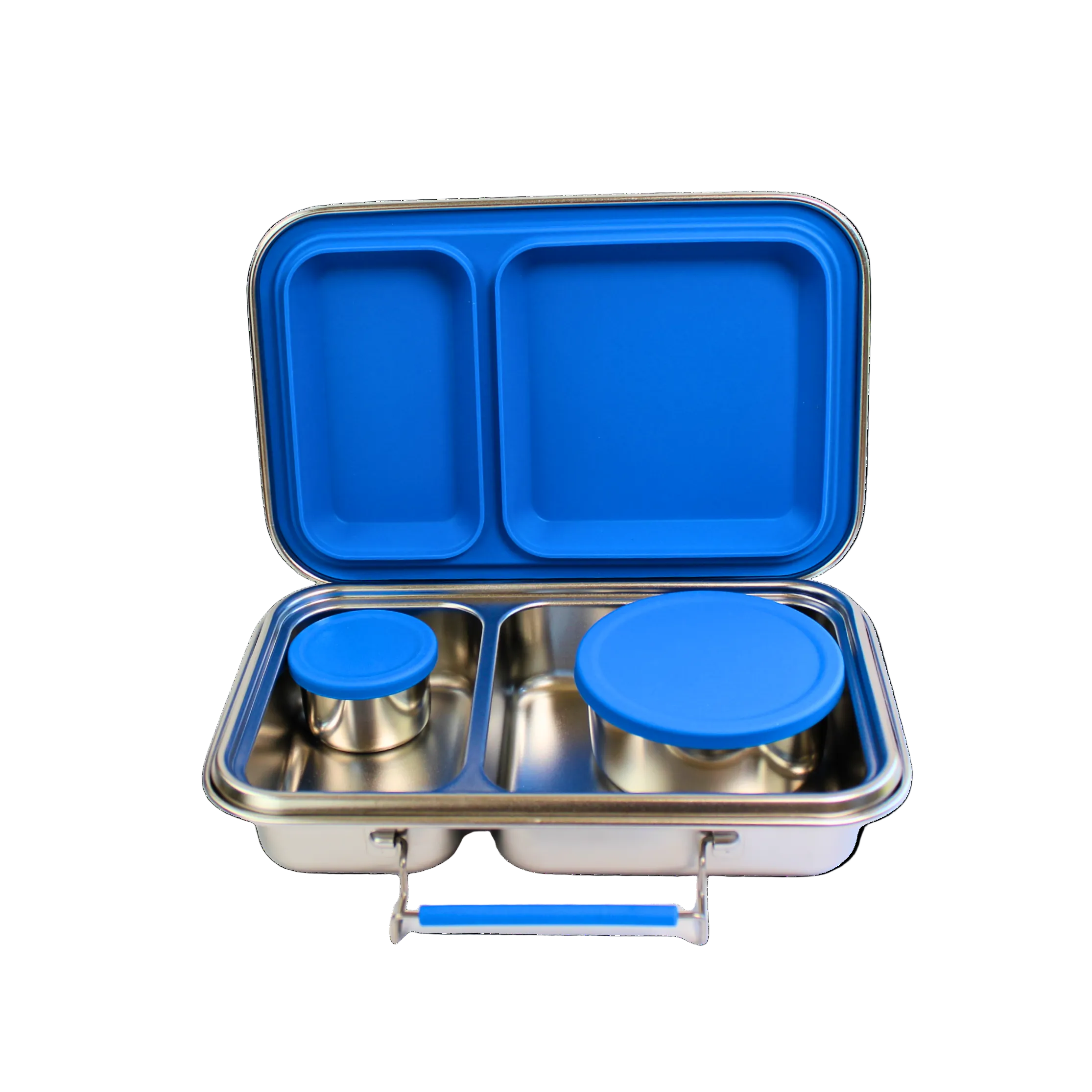 Stainless steel lunch box with blue compartments and lids on a white background