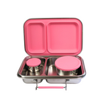 Pink and silver lunch box with compartments on a white background
