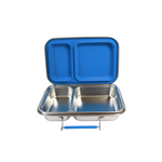 Stainless steel compartmentalized food container with blue lid on a white background