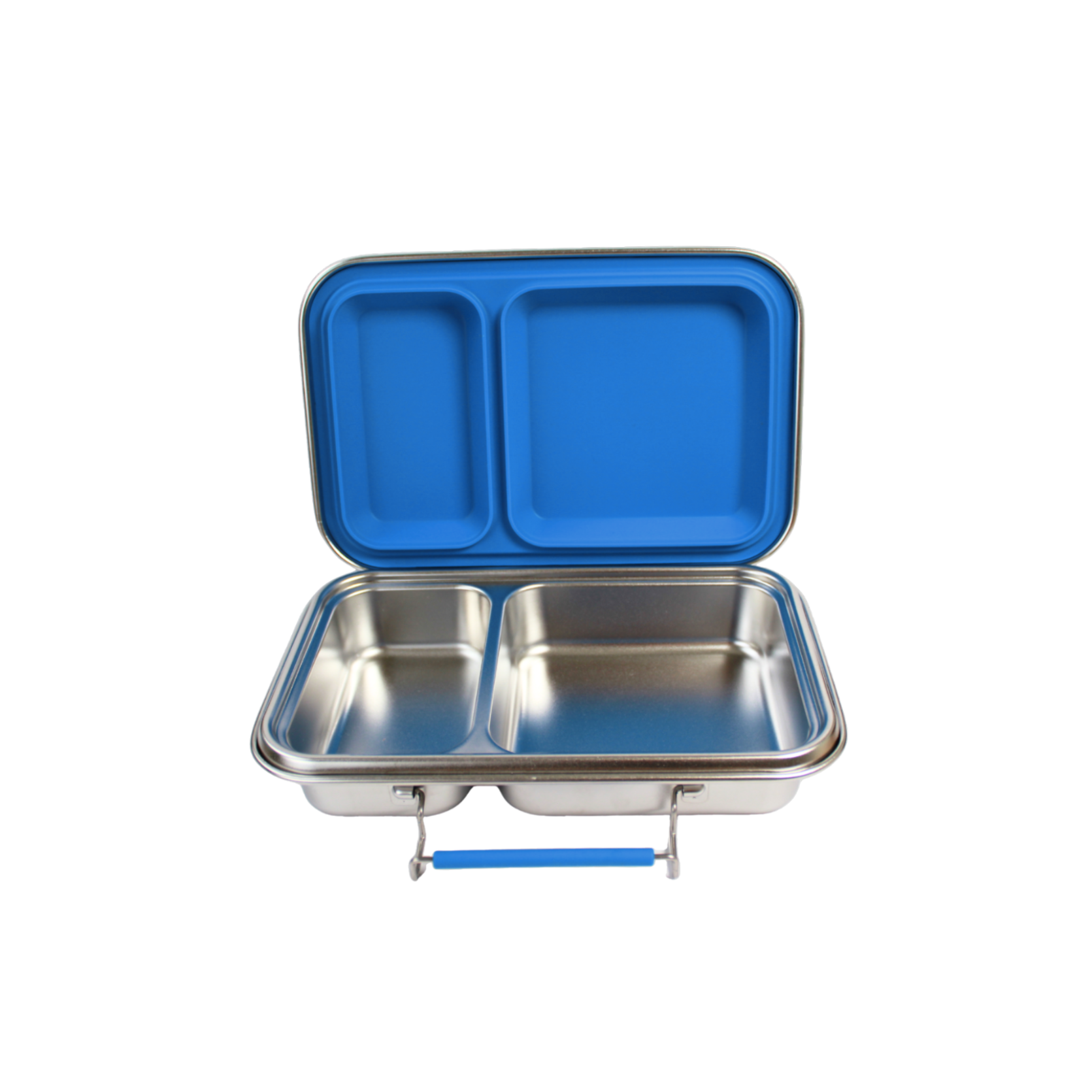 Stainless steel compartmentalized food container with blue lid on a white background