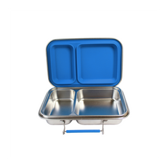 Stainless steel compartmentalized food container with blue lid on a white background