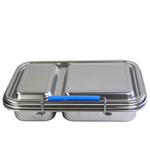 Stainless steel lunch box with a blue handle on a white background