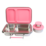 Pink and stainless steel compartmentalized food container set on a white background