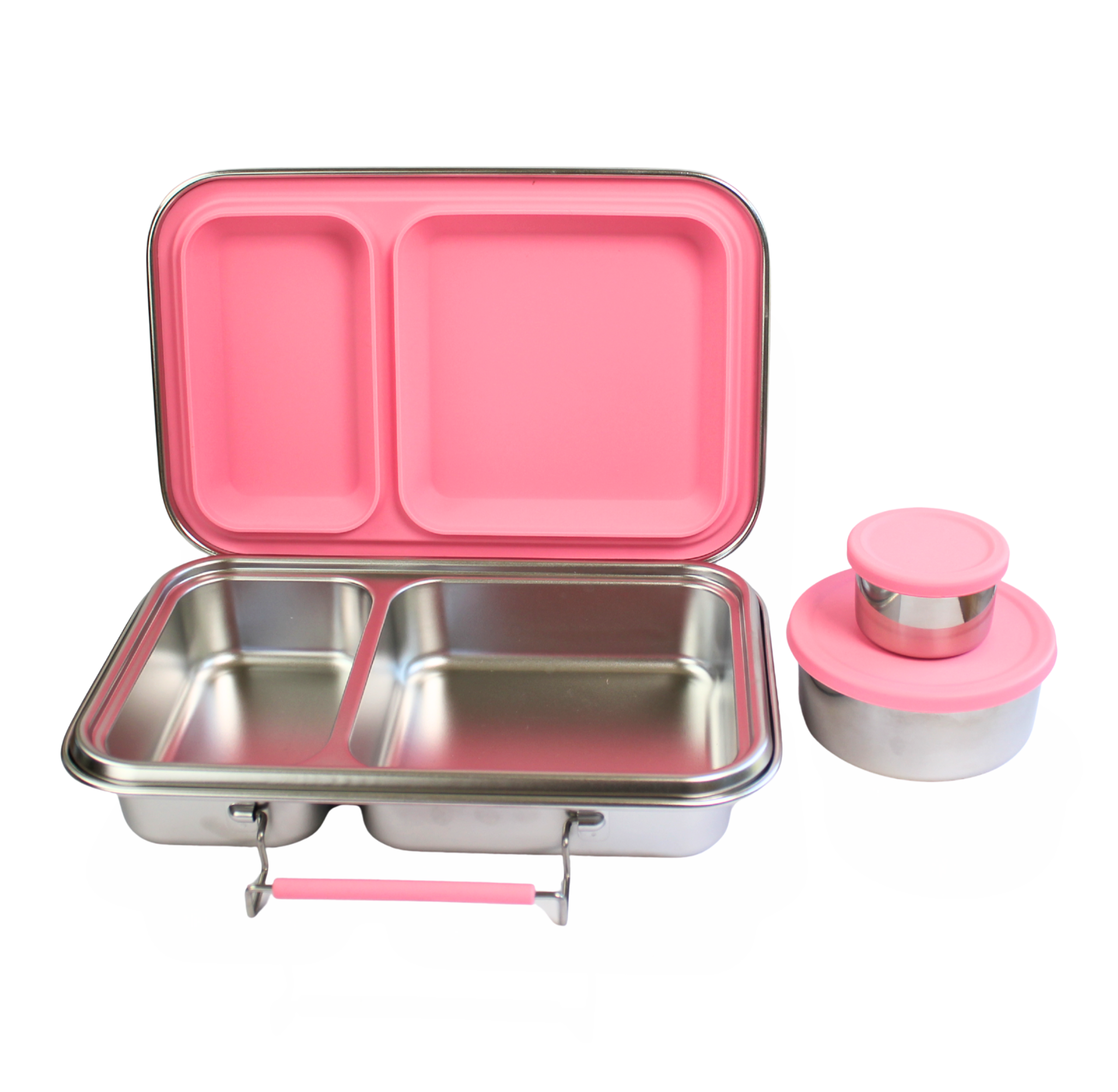 Pink and stainless steel compartmentalized food container set on a white background