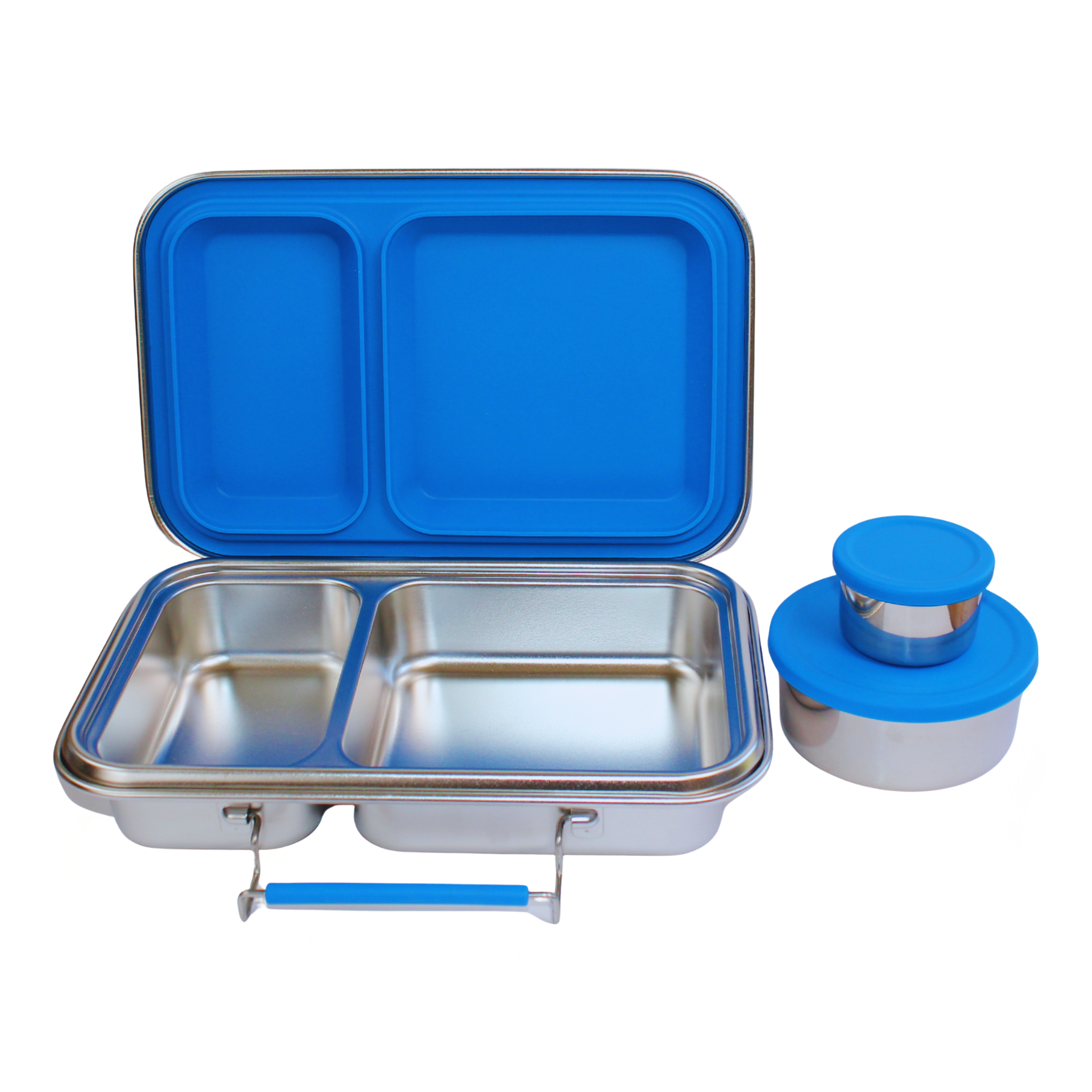 Blue and silver compartmentalized food container with a lid on a white background