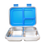 Blue and silver compartmentalized lunch box on a white background