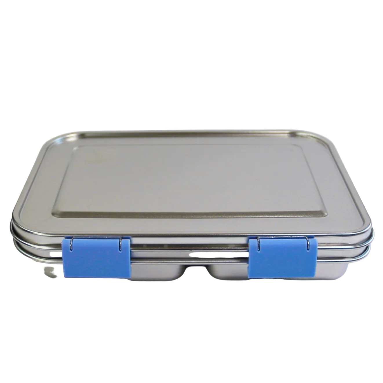 Stainless steel lunch box with blue straps on a white background
