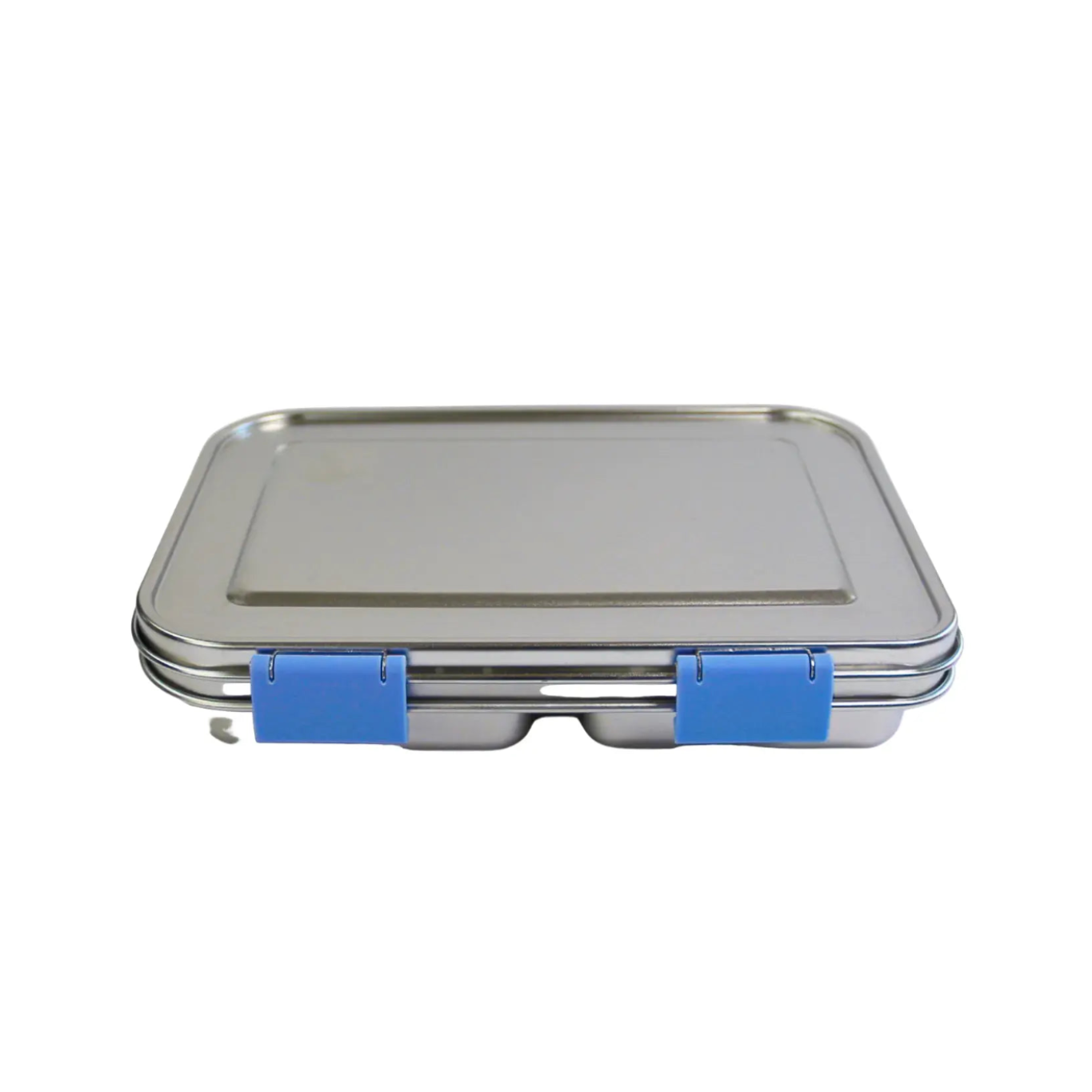 Stainless steel lunch box with blue straps on a white background
