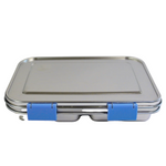 Stainless steel lunch box with blue straps on a white background