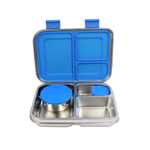 Stainless steel lunch box with blue compartments on a white background