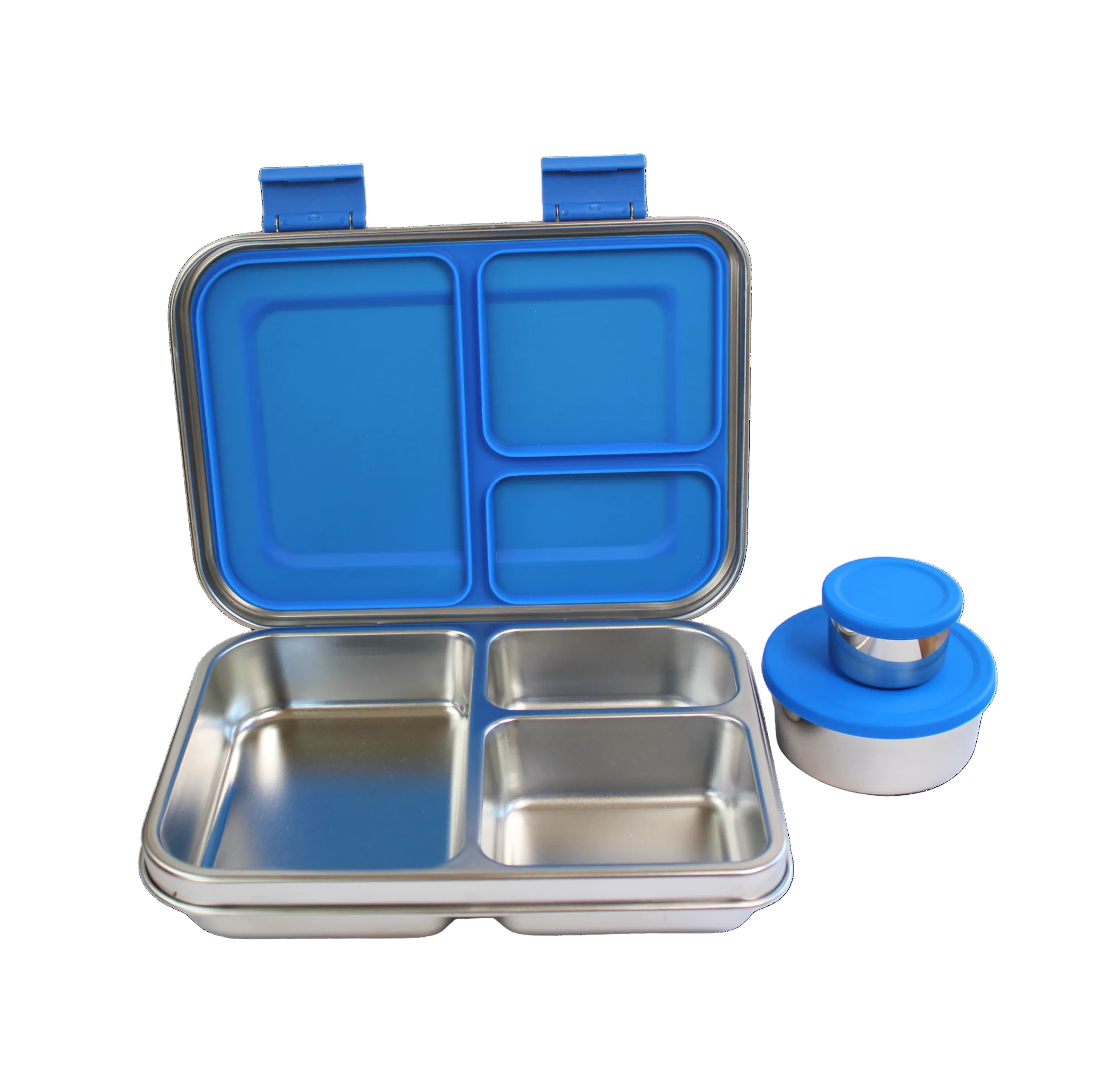 Blue and silver compartmentalized lunch box with a small container on a white background