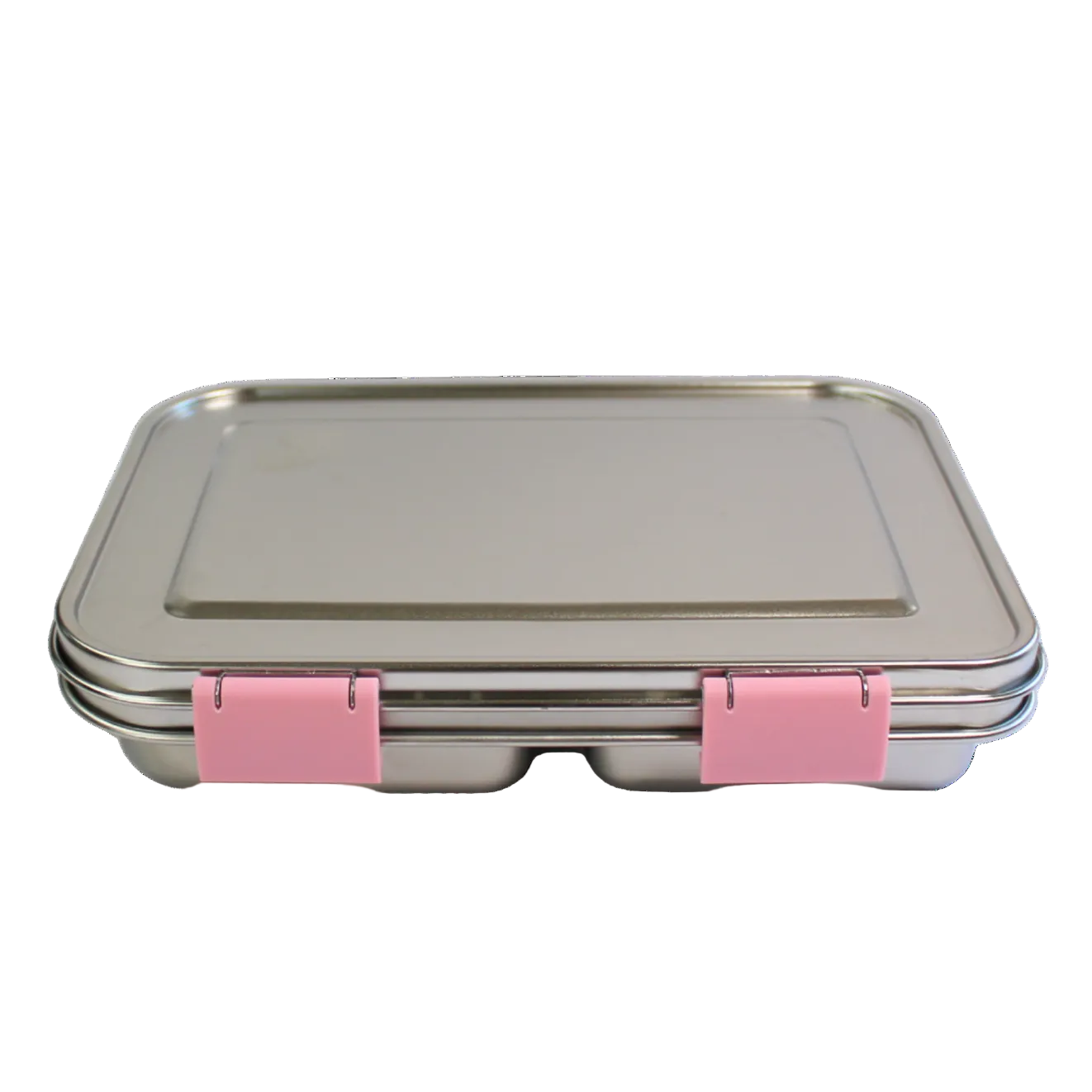 Rectangular metal lunch box with pink accents on a white background