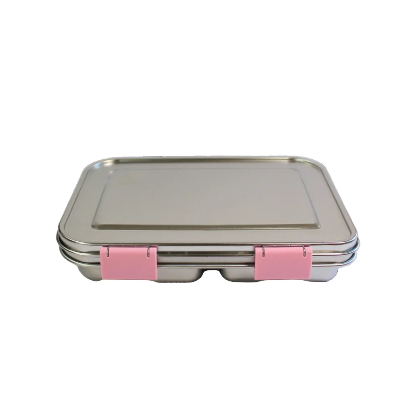Rectangular metal lunch box with pink accents on a white background