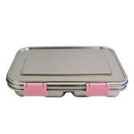 Rectangular metal lunch box with pink accents on a white background