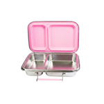 Pink lid and silver body compartmentalized food container on a white background
