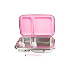 Pink lid and silver body compartmentalized food container on a white background