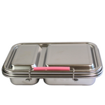 Stainless steel bento box with pink handle on a white background