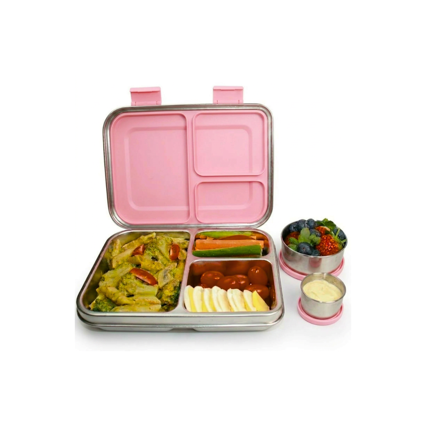 Pink and silver bento box with compartments filled with food on a white background