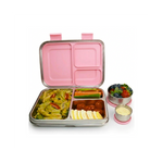 Pink and silver bento box with compartments filled with food on a white background
