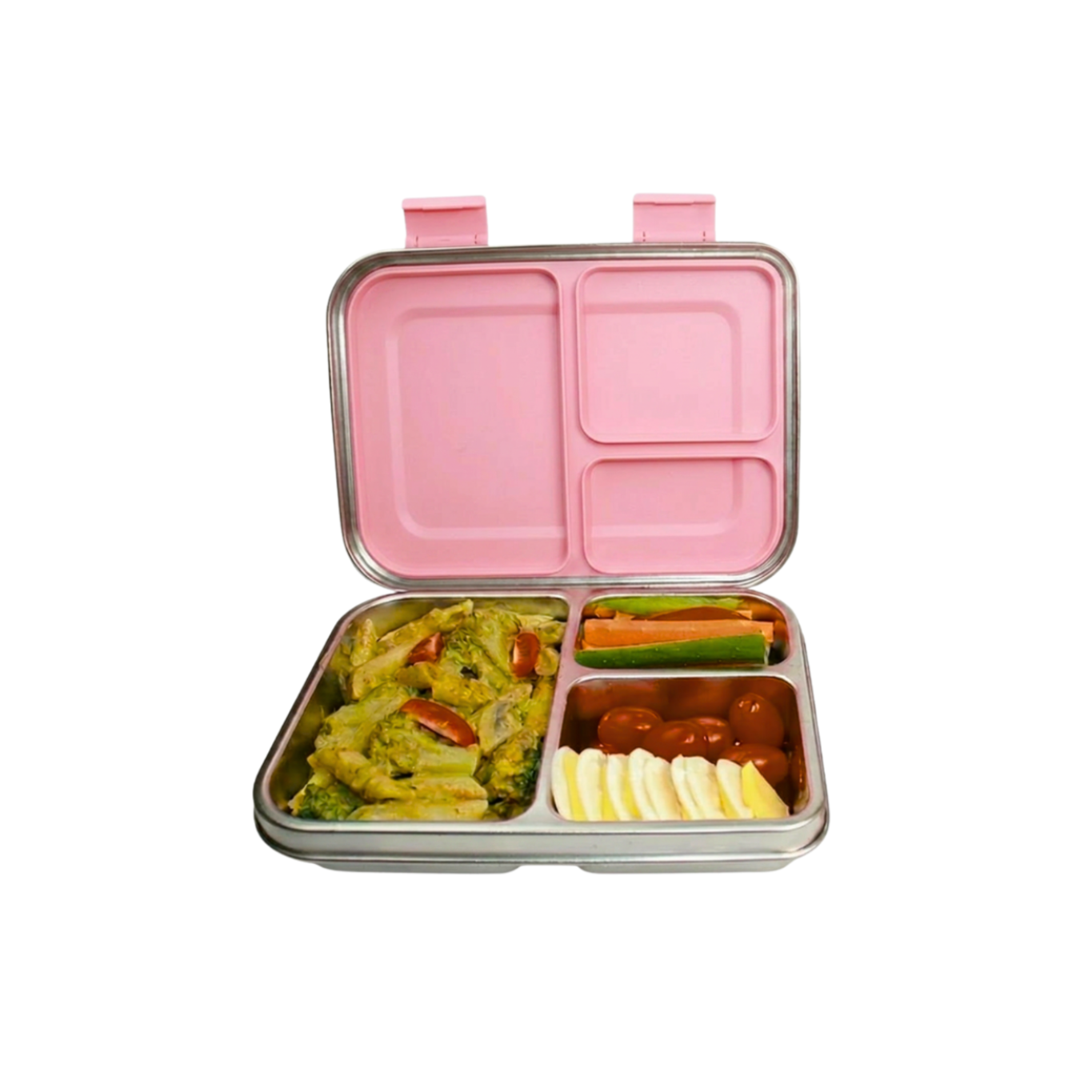 Pink bento box with compartments containing food on a white background