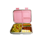 Pink bento box with compartments containing food on a white background