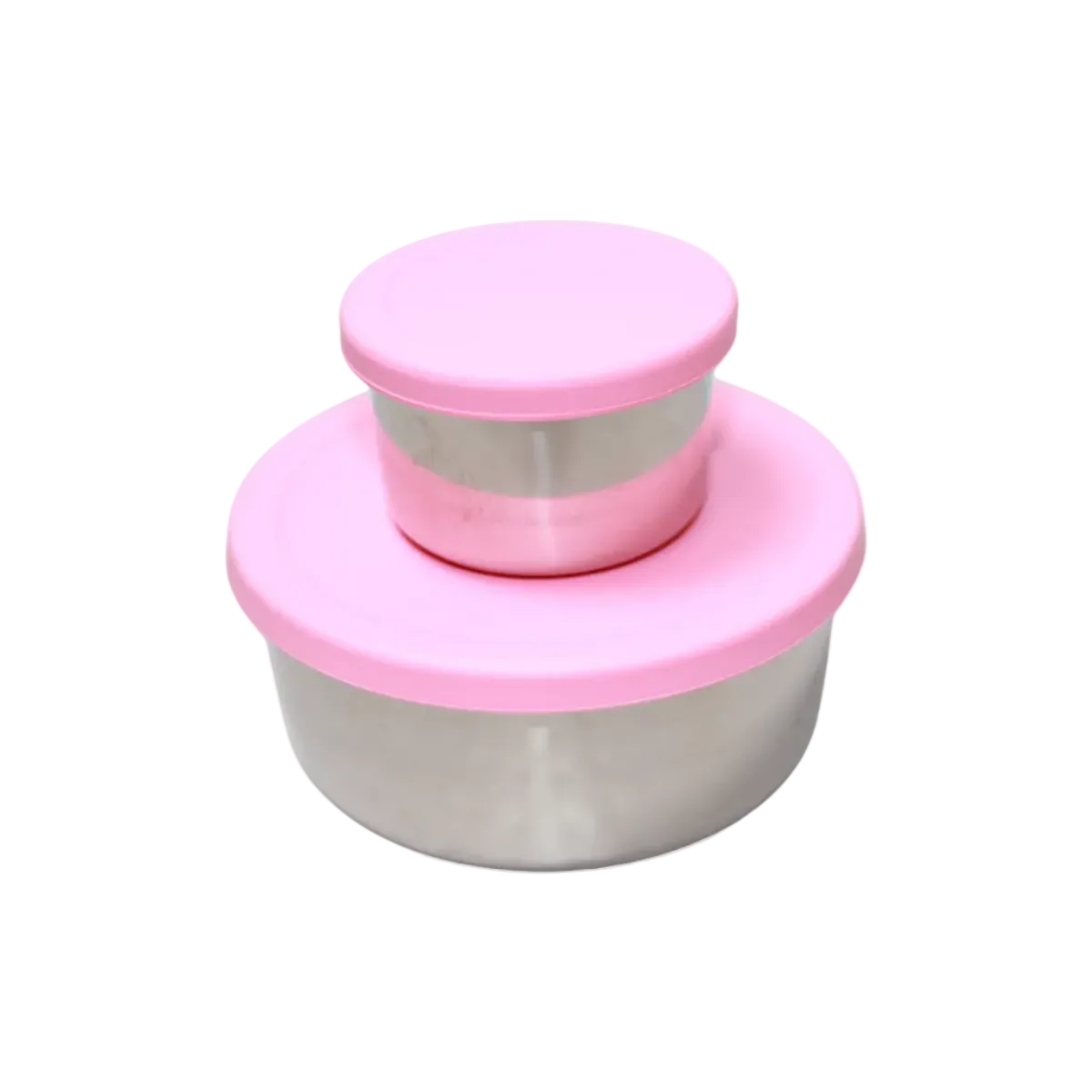 Two-tiered container with pink lids on a white background