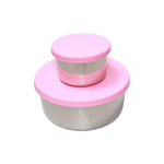Two-tiered container with pink lids on a white background