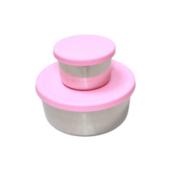 Two-tiered container with pink lids on a white background