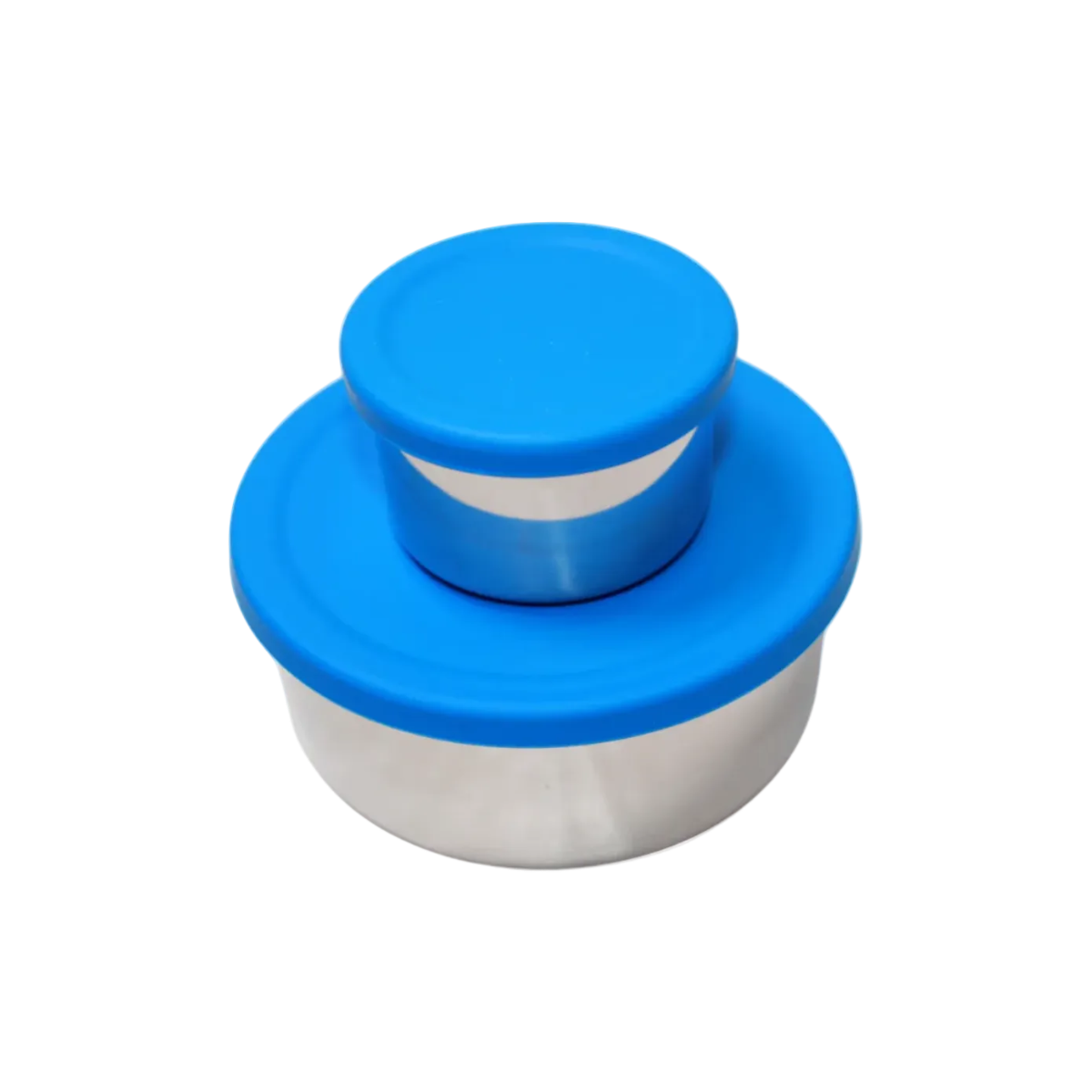 Two containers with blue lids on a white background