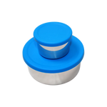 Two containers with blue lids on a white background