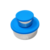 Two containers with blue lids on a white background