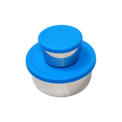 Two containers with blue lids on a white background