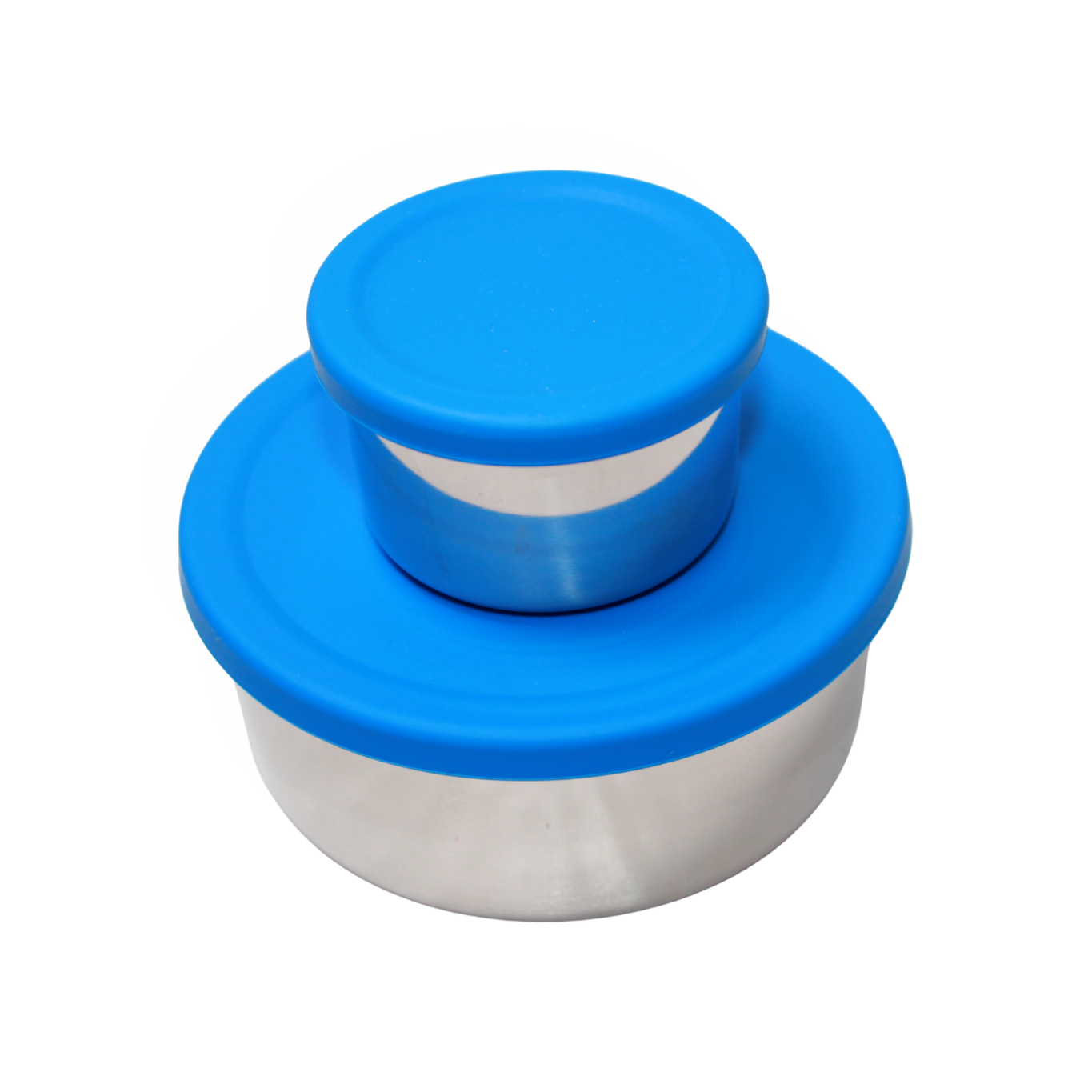 Two round containers with blue lids on a white background