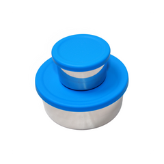 Two round containers with blue lids on a white background