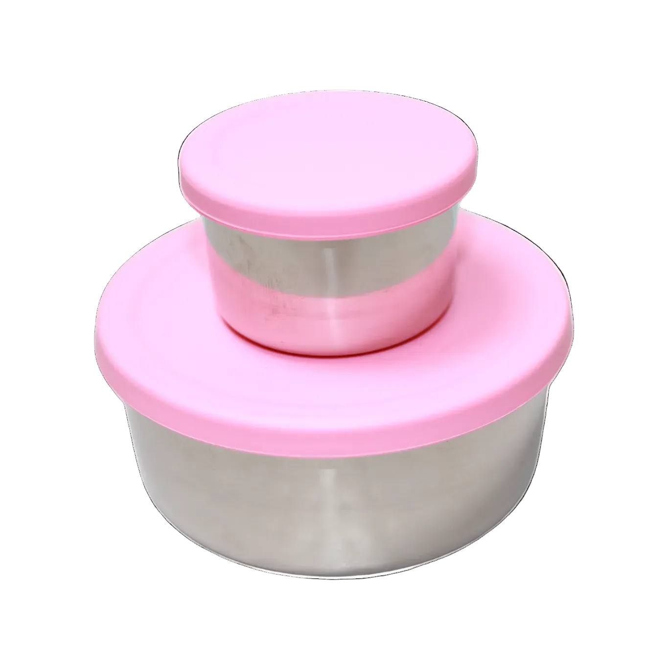 Two-tiered container with pink lids on a white background