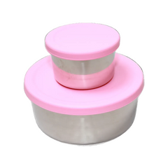 Two-tiered container with pink lids on a white background