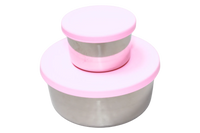 Two stainless steel containers with pink lids on a white background