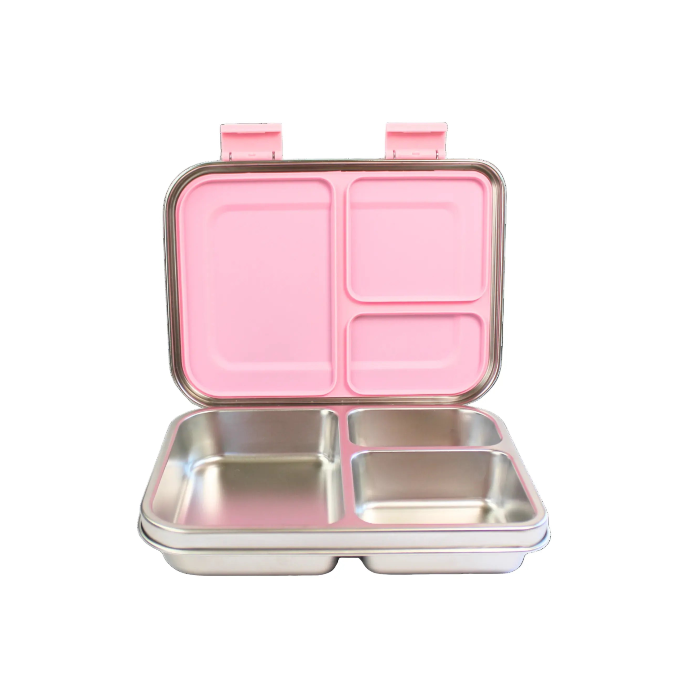 Pink and silver bento box on a white background